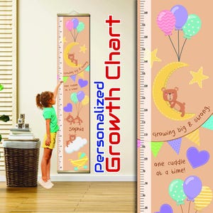 Gepersonaliseerde groeigrafiek teddybeer - hoogteliniaal kinderen, decor kinderkamer, verjaardagscadeau meisje of jongen, inrichting kinderkamer, babyshowercadeau