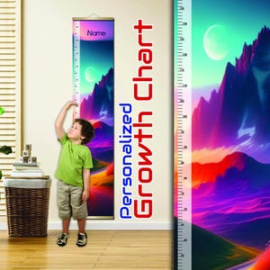 Gepersonaliseerde groeimeter voor kinderen - hoogteliniaal fantasielandschap - aangepaste groeimeter naam voor jongens en meisjes - kleurrijke muurdecoratie kinderkamer