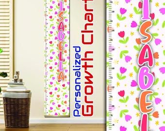Personalized Floral Growth Chart for Kids – Custom Name Height Ruler – Cute Flowers & Pastel Colors – Nursery Wall Decor for Girls
