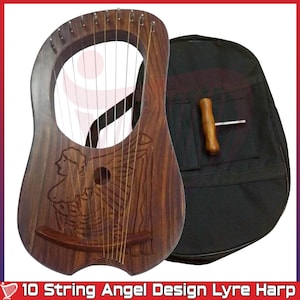 Lyre Harp 10 Metal Strings Engraved Welsh Celtic Angel Design Rosewood Free Tuning Key And Case provided by Denmart Industry