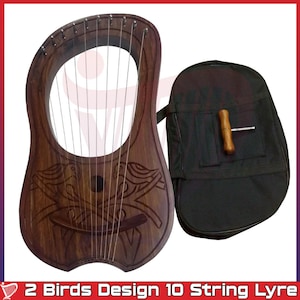 Arpa de lira de 10 cuerdas con dos pájaros/arpa celta de madera para principiantes, pequeño instrumento folclórico con llave de afinación y bolsa de transporte, proporcionada por Denmart.