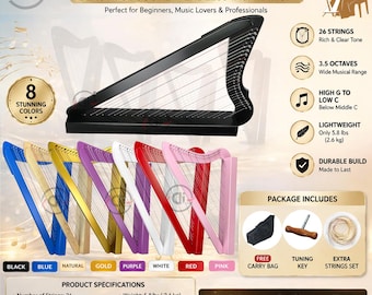 26 String Harp | Celtic Lap Harp 3.5 Octaves, Bag, Tuning Key, Extra Strings