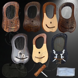 7 nuevos diseños diferentes de arpa de lira de 10 cuerdas, herramienta musical étnica y tradicional hecha a mano con bolsa, llave de afinación y cuerdas proporcionadas por Denmart