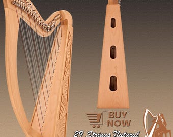 29 String Irish Lever Harp: Solid Beech Wood, with Case & Tuning Key