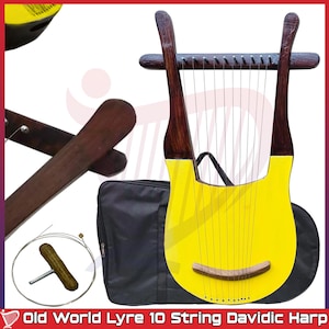 Arpa de lira azul de 10 cuerdas, estilo antiguo de las Tierras Altas de Irlanda, hecha a mano, instrumento celta decorativo amarillo, regalo musical único de Denmart.