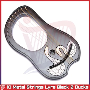 NEW 10-String Lyre Harp | Solid Rosewood | Hand Engraved Duck Design in Gold & Silver | Metal Strings | Black Finish