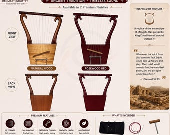 10 String Rosewood King David Lyre Harp | Handmade Musical Instrument, Free Case, Tuning Key, Strings Set