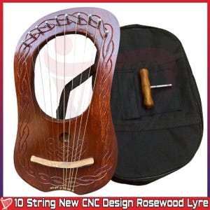 Lyre Harp Hand Engraved pure wood CNC Work 10 Metal Strings lyre Engraved Welsh Celtic Free Tuning Key And Case provided by Denmart
