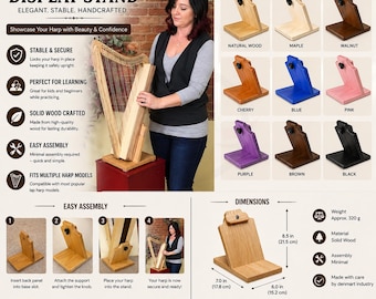 Soporte de madera maciza para arpa de regazo / Soporte estable para arpa, acabado natural.
