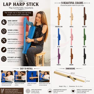 May include: A woman demonstrates a blue lap harp with a wooden stick. The image shows the stick in various colors: natural oak, maple, walnut, blue, pink, green, purple, brown, and black. The stick dimensions are 18 x 6 x 8 cm, and it weighs 100 g.