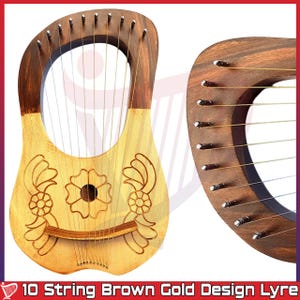 Lyre Harp 10 Metal Strings Engraved Natural Wood & Gold Polished With Free Tuning Key And Case provided by Denmart