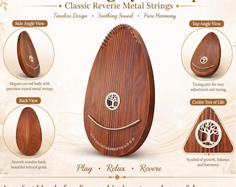 22 String Lyre Harp Mahogany Wood Instrument Tree of Life Metal Strings Harp Beginner Music Gift Tuning Tool Included Handmade Harp