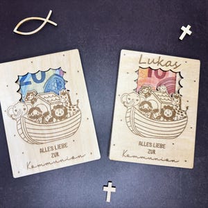 Geldgeschenk Kommunion, Geschenkkarte aus Holz personalisiert