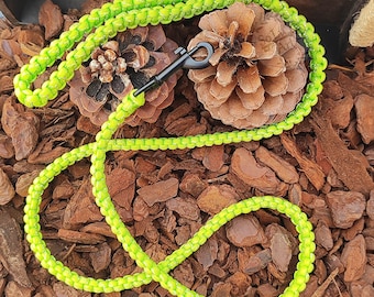 Peut inclure: Une laisse pour chien en paracorde vert fluo avec un mousqueton en métal noir. La laisse est bouclée et nouée, créant un accessoire durable et élégant. Le fond présente des pommes de pin et des copeaux de bois bruns.