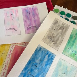 Carte Astrale Aquarelle Personnalisée – Couleurs du Signe Astrologique, Constellation & Date de Naissance