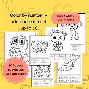 Animal Color by Number, Adding and Subtracting up to 10, Math Worksheets,Motessori,Homeschool, Preschool Math,Kindergarten,Digital Download