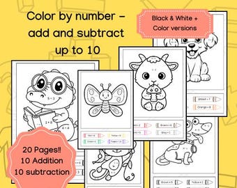 Animal Color by Number: Math Addition & Subtraction Worksheets (Digital Download)