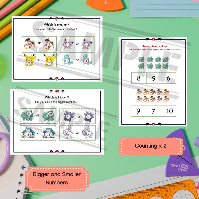 May include: A printable worksheet featuring Pokemon characters to help children learn about bigger and smaller numbers. The worksheet includes questions such as "Which is smaller?" and "Which is bigger?" and asks children to circle the correct answer. The worksheet also includes a section on recognising values, where children need to circle the correct number of Pokemon characters.