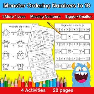 Könnte beinhalten: Lehrreiche, druckbare Arbeitsblätter für Kinder mit Monster-Themen-Zahlenordnungsaktivitäten. Enthält Übungen zu "1 mehr 1 weniger", "Fehlende Zahlen" und "Größer/Kleiner". Das Bild zeigt Arbeitsblätter mit Monsterillustrationen und Zahlenlinien sowie einen Bleistift und Buntstifte.