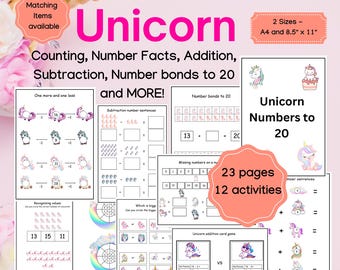 Unicorn Math Worksheets: Numbers to 20, Kindergarten, First Grade (Digital Download)