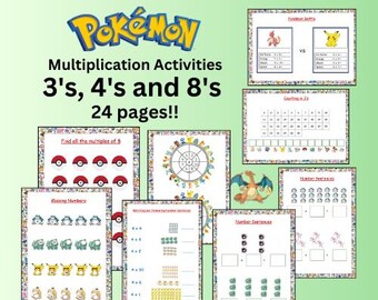 Pokemon Multiplication Times Tables, Worksheets, Digital Download, printable Bundle, Third Grade, Math Worksheets, Montessori, Homeschool.