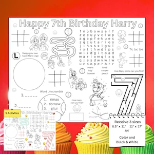 Personlized Super Mario Birthday Placemat, Birthday Activities, Birthday Coloring Worksheets, Printable, Digital Download, Kids Activity