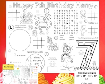 Personlized Super Mario Birthday Placemat Birthday Activities Mario Birthday Coloring Worksheets Printable Digital Download Kids Activity