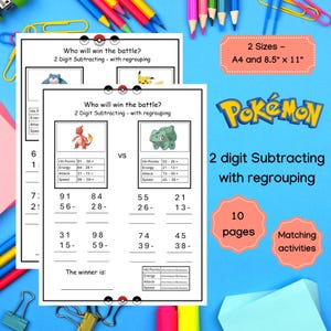 Pu&ograve; includere: Un foglio di lavoro stampabile con personaggi di Pok&eacute;mon, con problemi di matematica per la sottrazione a due cifre con riporto. Il foglio di lavoro include 10 pagine di attivit&agrave; di abbinamento.