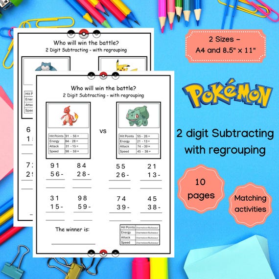 Pokemon 2 digit Subtraction with Regrouping, Math Worksheets, Two Digit,Digital Download, Printable, Homeschool, Math Practice, Second Grade