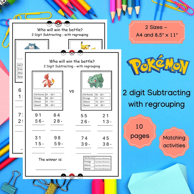 Pu&ograve; includere: Un foglio di lavoro stampabile con personaggi di Pok&eacute;mon, con problemi di matematica per la sottrazione a due cifre con riporto. Il foglio di lavoro include 10 pagine di attivit&agrave; di abbinamento.