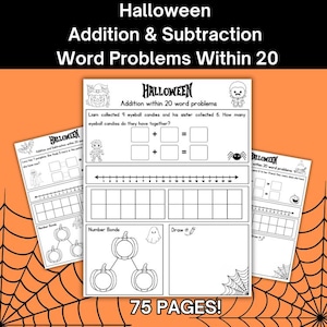 Könnte beinhalten: Halloween-Arbeitsblätter für Additions- und Subtraktionsaufgaben bis 20. Die schwarz-weißen Seiten zeigen Illustrationen von Kürbissen, Geistern und Spinnen, mit dem Text "75 PAGES!" unten.