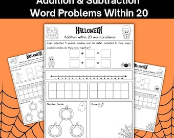 Halloween Addition & Subtraction Word Problems within 20 October Math Printable Worksheets for First Grade