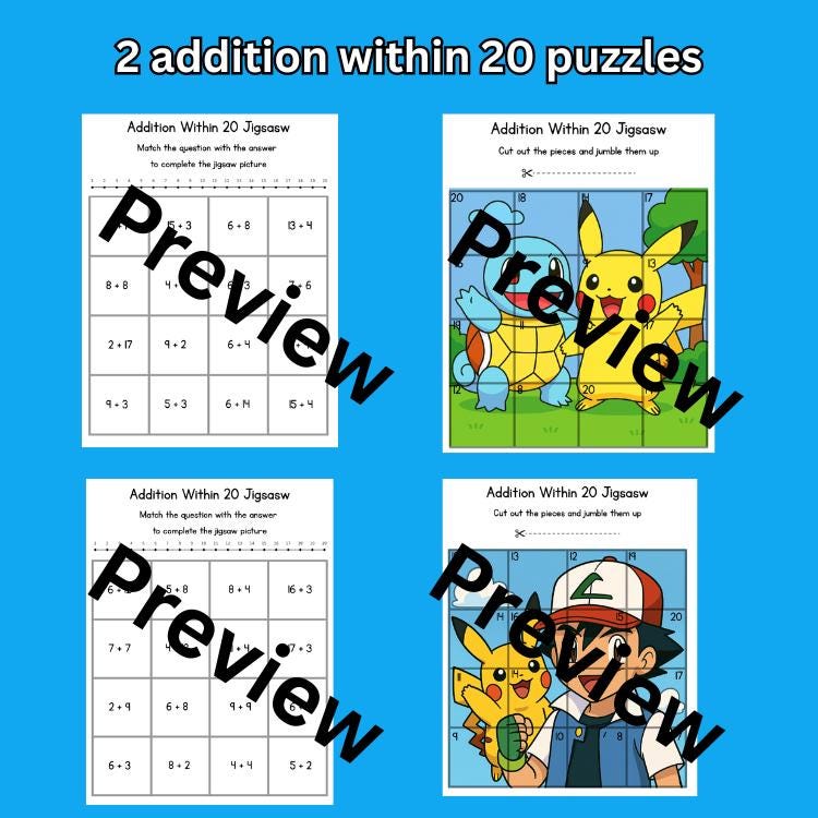 Pokemon Addition & Subtraction Within 20 Fact Practice Jigsaw Puzzles ...