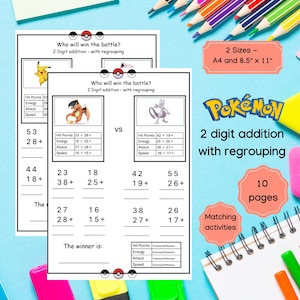 Puede incluir: Dos hojas de trabajo imprimibles con los personajes de Pok&eacute;mon, Charizard y Mewtwo. Cada hoja de trabajo tiene un conjunto de problemas de suma de dos d&iacute;gitos con reagrupaci&oacute;n. Las hojas de trabajo se titulan "&iquest;Qui&eacute;n ganar&aacute; la batalla?" e incluyen el texto "Suma de dos d&iacute;gitos con reagrupaci&oacute;n".