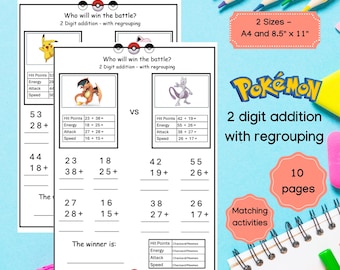 Pokemon 2 digit Addition with Regrouping, Card Battles, Math Worksheets, Digital Download, Printable, Homeschool,Math Practice, Second Grade