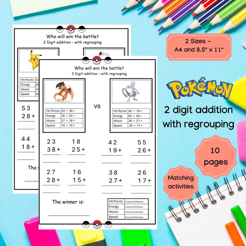 Puede incluir: Dos hojas de trabajo imprimibles con los personajes de Pok&eacute;mon, Charizard y Mewtwo. Cada hoja de trabajo tiene un conjunto de problemas de suma de dos d&iacute;gitos con reagrupaci&oacute;n. Las hojas de trabajo se titulan "&iquest;Qui&eacute;n ganar&aacute; la batalla?" e incluyen el texto "Suma de dos d&iacute;gitos con reagrupaci&oacute;n".