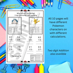 Pu&ograve; includere: Un foglio di lavoro stampabile con due personaggi Pok&eacute;mon, Pikachu e Blastoise, con problemi di matematica per la sottrazione a due cifre con riporto. Il foglio di lavoro &egrave; progettato per aiutare i bambini a esercitarsi nelle loro abilit&agrave; matematiche divertendosi con Pok&eacute;mon.