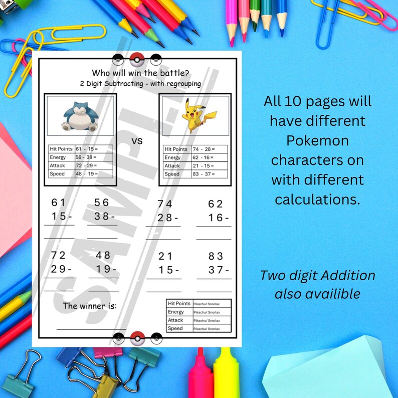 Pu&ograve; includere: Un foglio di lavoro stampabile con due personaggi Pok&eacute;mon, Pikachu e Blastoise, con problemi di matematica per la sottrazione a due cifre con riporto. Il foglio di lavoro &egrave; progettato per aiutare i bambini a esercitarsi nelle loro abilit&agrave; matematiche divertendosi con Pok&eacute;mon.