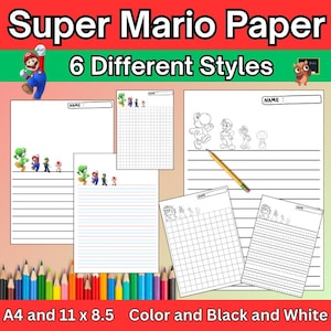 May include: Super Mario Paper with six different styles. The image shows various paper designs featuring characters from the Super Mario video game series. The paper comes in A4 and 11 x 8.5 sizes, in colour and black and white.