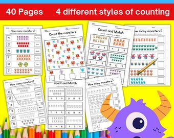 Monster Counting to 20 Worksheets: Kindergarten Math (Digital Download)