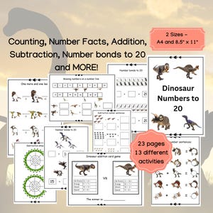 May include: A printable set of 23 pages of dinosaur-themed math worksheets for kids. The worksheets include activities like counting, number facts, addition, subtraction, and number bonds to 20. The worksheets are available in two sizes: A4 and 8.5" x 11".