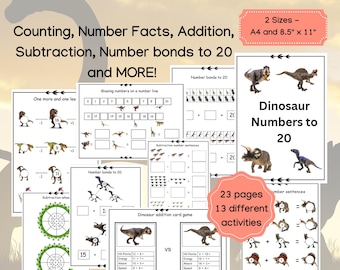 Hojas de ejercicios de matemáticas de dinosaurios: Números hasta el 20, jardín de infantes, primer grado (descarga digital)