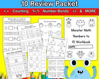 Monster Numbers to 10 Workbook Preschool Kindergarten Math Worksheets Homeschool, Montessori Printable School Worksheets Digital Download
