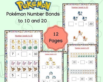 Pokemon Number Bonds to 10 & 20, First Grade Math Worksheets, Kindergarten, Digital Download Homeschool, Montessori, Printable, Math Bundle