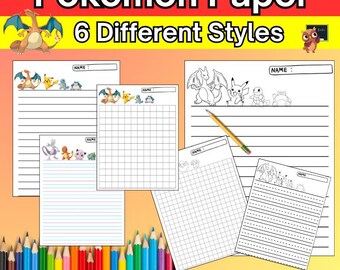 Pokemon Themed Writing Paper, Lined Writing Activities, Handwriting Paper Prompts, Squared Math Paper, Drawing Coloring Paper Homeschool
