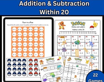 Pokemon Inspired Addition & Subtraction within 20 Partner Games Fact Fluency Practice 1st Grade Math Centers Activities