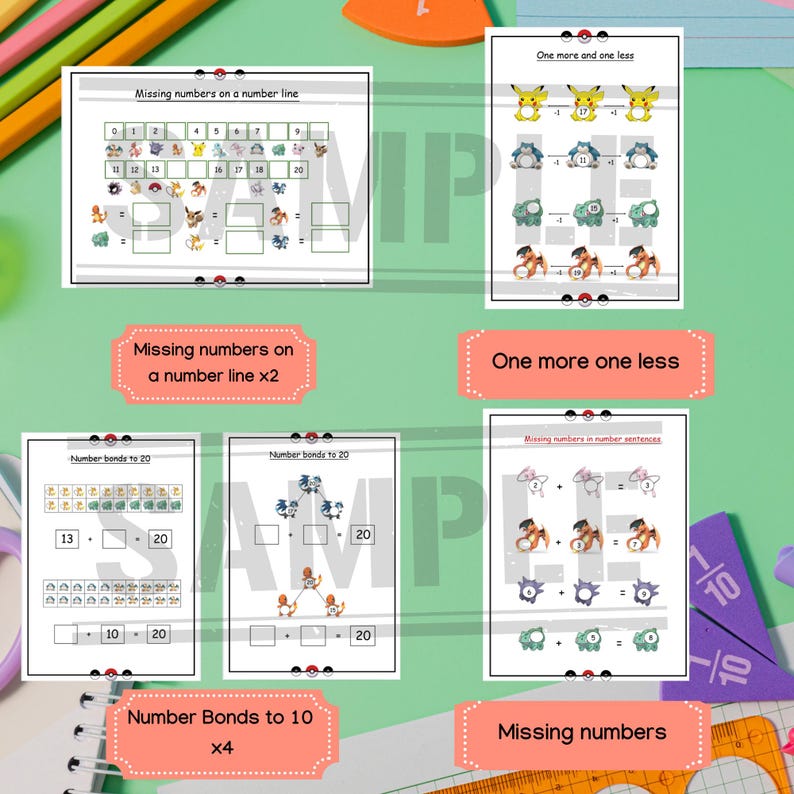 May include: A set of printable worksheets featuring Pokemon characters to help children learn maths concepts such as number bonds, missing numbers, and one more and one less. The worksheets include number lines, number sentences, and visual representations of numbers.