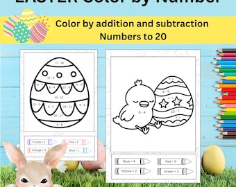 Easter Color by Number Math Worksheets: Addition & Subtraction (Digital Download)
