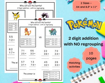Pokemon 2 digit Addition with NO Regrouping, Double digit addition, Math Worksheets, Digital Download, Printable, Homeschool,Math Practice,
