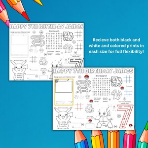 May include: Two coloring pages with the text "HAPPY 7TH BIRTHDAY JAMES" and various Pokemon-themed activities. Includes a word search, tic-tac-toe, and a maze. The pages are surrounded by colored pencils.